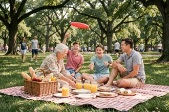 Famille multigénérationnelle installant un pique-nique sur une couverture à carreaux dans un parc verdoyant avec panier en osier et limonade maison