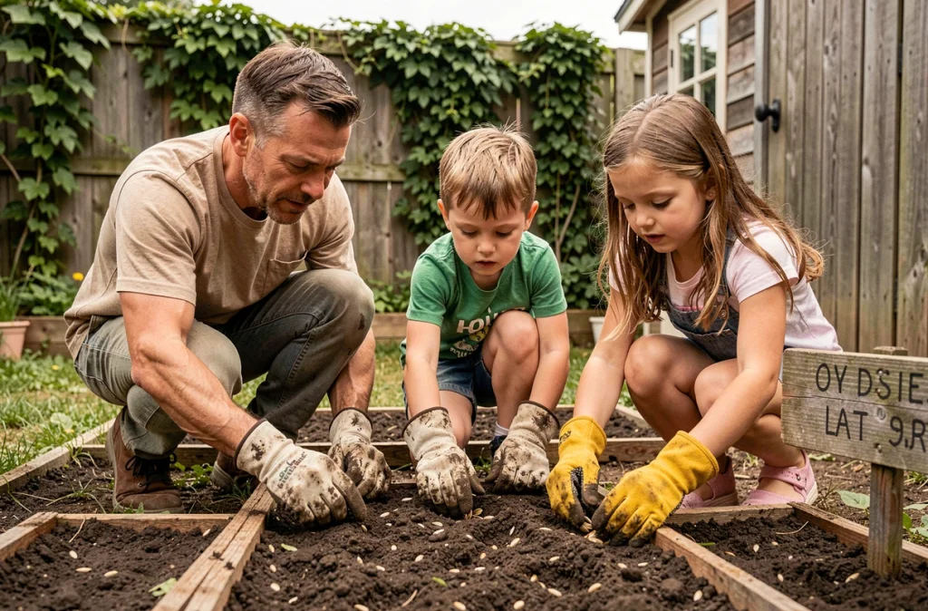 Un père et ses deux enfants plantent des graines de tournesol ensemble dans un jardin familial en plein air
