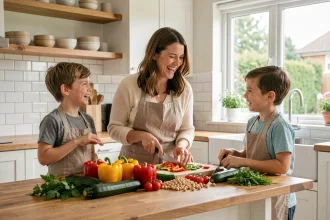 Une famille végétarienne prépare un repas coloré à base de légumes frais dans une cuisine moderne