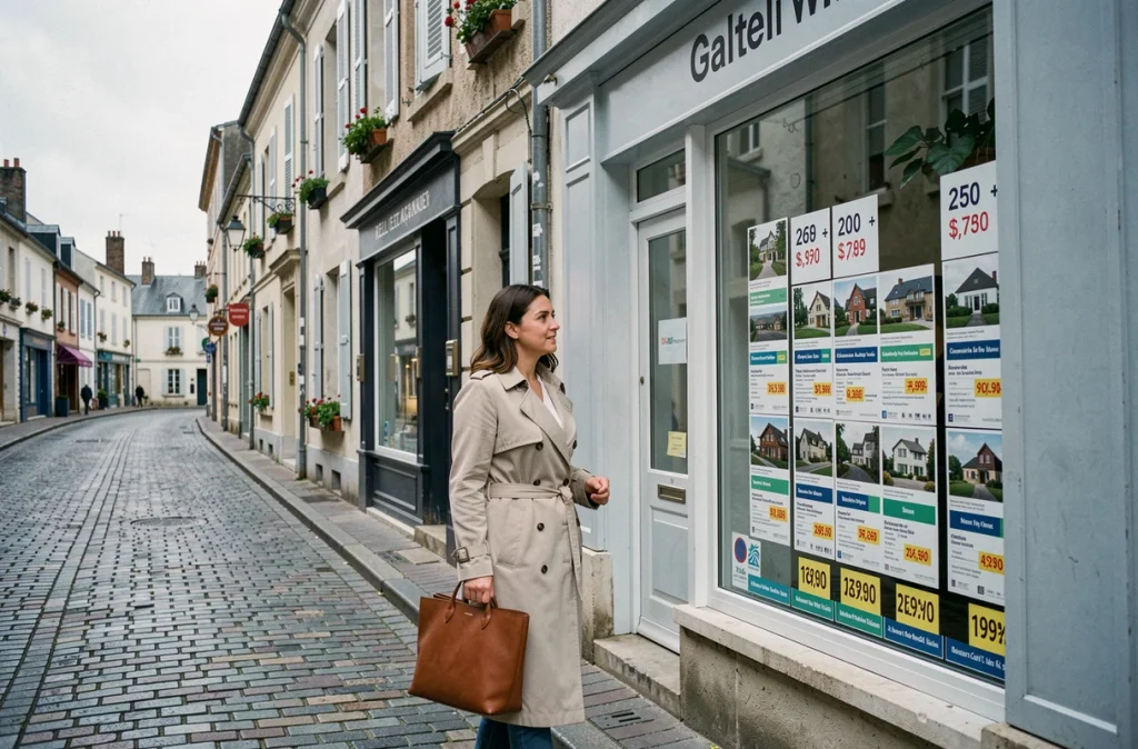 Femme regardant des annonces immobilières dans la vitrine d'une agence en ville moyenne