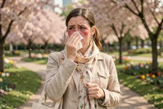 Femme souffrant d'allergie saisonnière dans un parc fleuri au printemps, se mouchant entourée de pollen