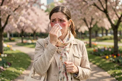 Femme souffrant d'allergie saisonnière dans un parc fleuri au printemps, se mouchant entourée de pollen