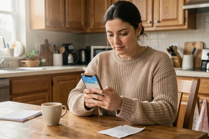 Femme consultant une application de gestion de budget familial sur son smartphone à la table de cuisine