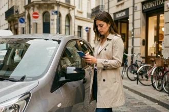 Femme utilisant une application mobile pour déverrouiller une voiture en autopartage dans une ville moyenne française