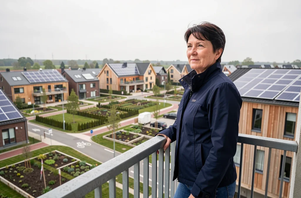Femme sur le balcon d'un appartement en écoquartier avec vue sur panneaux solaires et jardins partagés