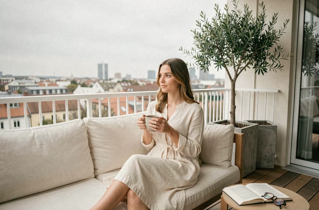 Femme détendue sur un balcon moderne aménagé avec canapé d'extérieur, oliviers en pot et terrasse en bois composite