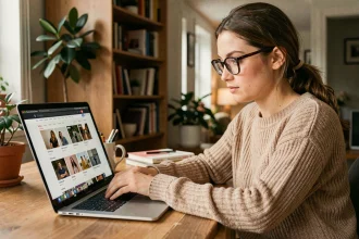 Jeune femme consultant un catalogue de streaming en ligne sur son ordinateur portable depuis son bureau à domicile