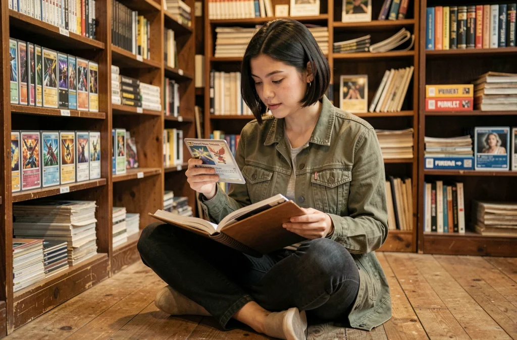 Jeune femme collectionnant des cartes Pokémon rares dans une boutique vintage entourée de classeurs et boîtes de collection