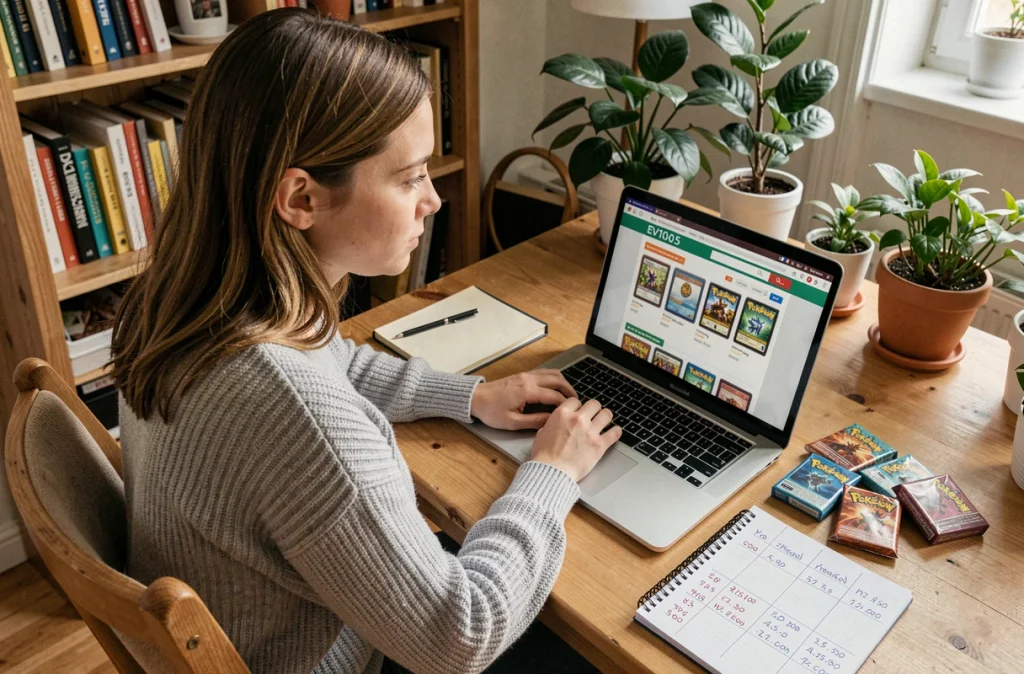 Une femme compare les prix de cartes Pokémon EV10.5 sur un site de vente en ligne depuis son bureau à domicile