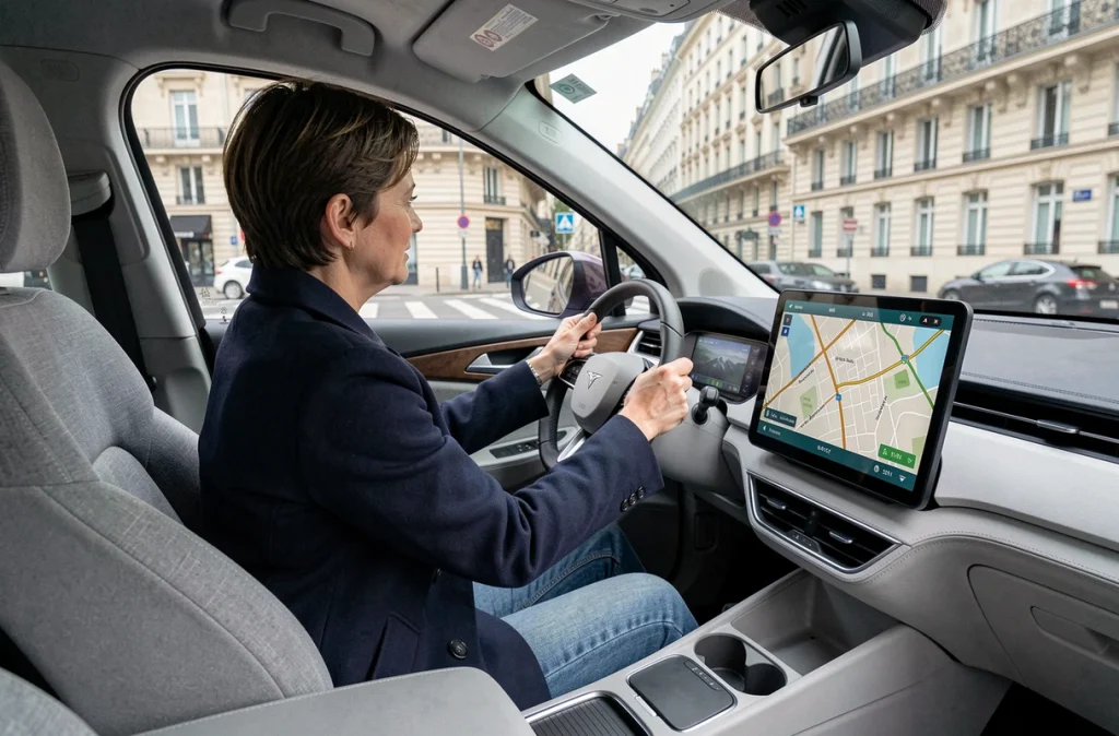 Femme au volant d'une voiture électrique moderne avec tableau de bord numérique en ville