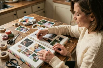 Femme assemblant un album photo fait maison sur une table en bois avec des souvenirs imprimés et des fournitures de scrapbooking