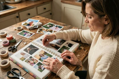 Femme assemblant un album photo fait maison sur une table en bois avec des souvenirs imprimés et des fournitures de scrapbooking