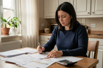 Femme examinant des documents de crédit à la consommation à la table de cuisine avec une calculatrice et des contrats de prêt