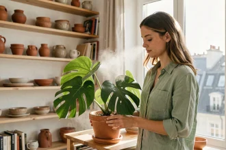 Jeune femme arrosant un monstera dans un appartement lumineux avec des plantes d'intérieur sur des étagères en bois