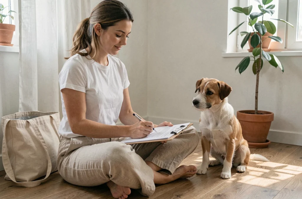 Jeune femme remplissant un formulaire d'adoption pour un chien dans son appartement