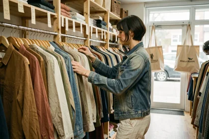 Femme parcourant un rack de vêtements d'occasion dans une friperie organisée et chaleureuse