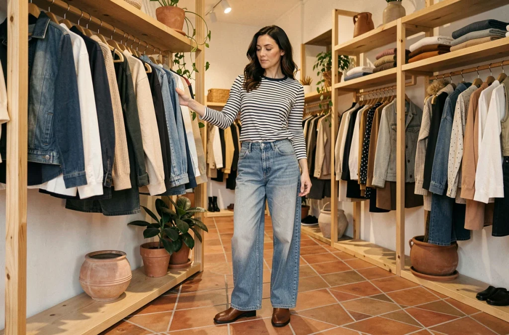 Femme de 40 ans en jean oversize boyfriend et marinière, faisant du shopping dans un concept store minimaliste