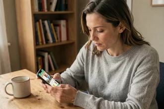 Femme concentrée cherchant la solution d'un jeu de mot 4 images 1 mot sur smartphone à son bureau