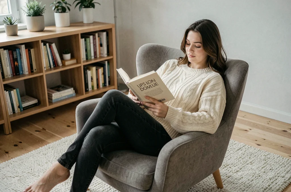 Jeune femme lisant dans un fauteuil confortable dans un salon de style scandinave avec étagères et tapis en laine