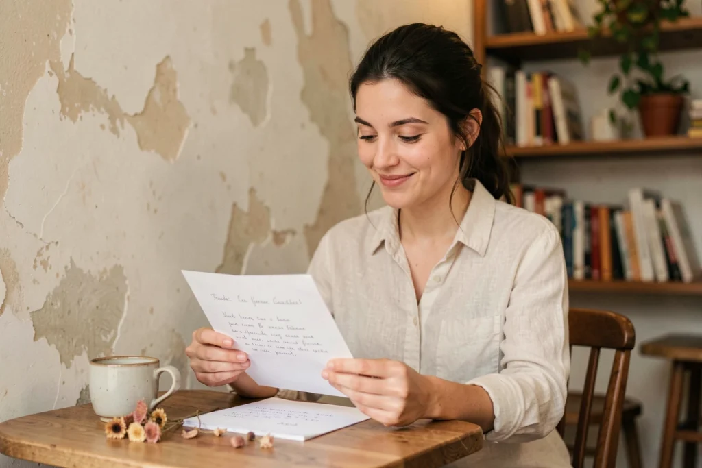 Femme lisant une lettre d'amour manuscrite dans un café chaleureux avec un sourire émouvant