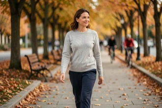 Femme marchant seule sur une allée arborée en automne, exprimant sérénité et bien-être grâce à la marche quotidienne