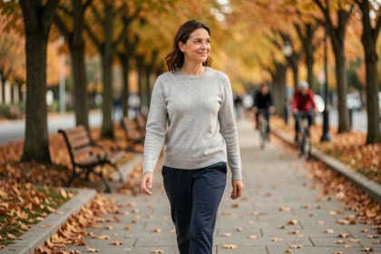 Femme marchant seule sur une allée arborée en automne, exprimant sérénité et bien-être grâce à la marche quotidienne