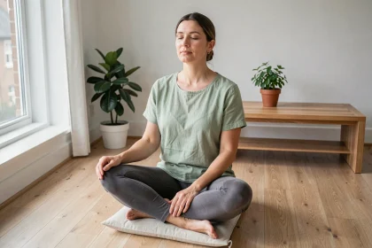 Femme pratiquant la méditation assise en tailleur dans un salon minimaliste pour gérer le stress
