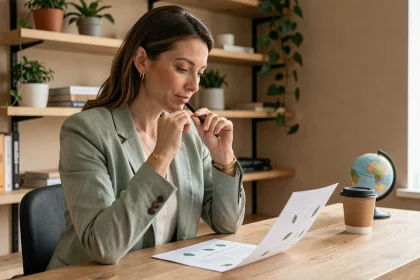 Femme analysant des documents de placements responsables dans un bureau écologique moderne
