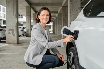 Femme branchant un chargeur sur une voiture électrique blanche dans un parking urbain moderne