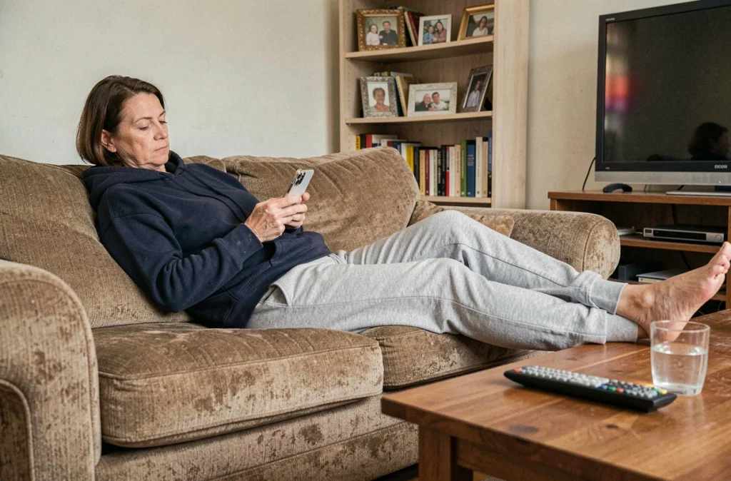 Femme allongée sur un canapé à la maison en train de regarder son téléphone, représentant le mode de vie sédentaire et ses effets sur le cœur