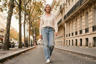Femme de 60 ans portant un jean oversize clair et une blouse en lin blanc, marchant sur un trottoir parisien en automne