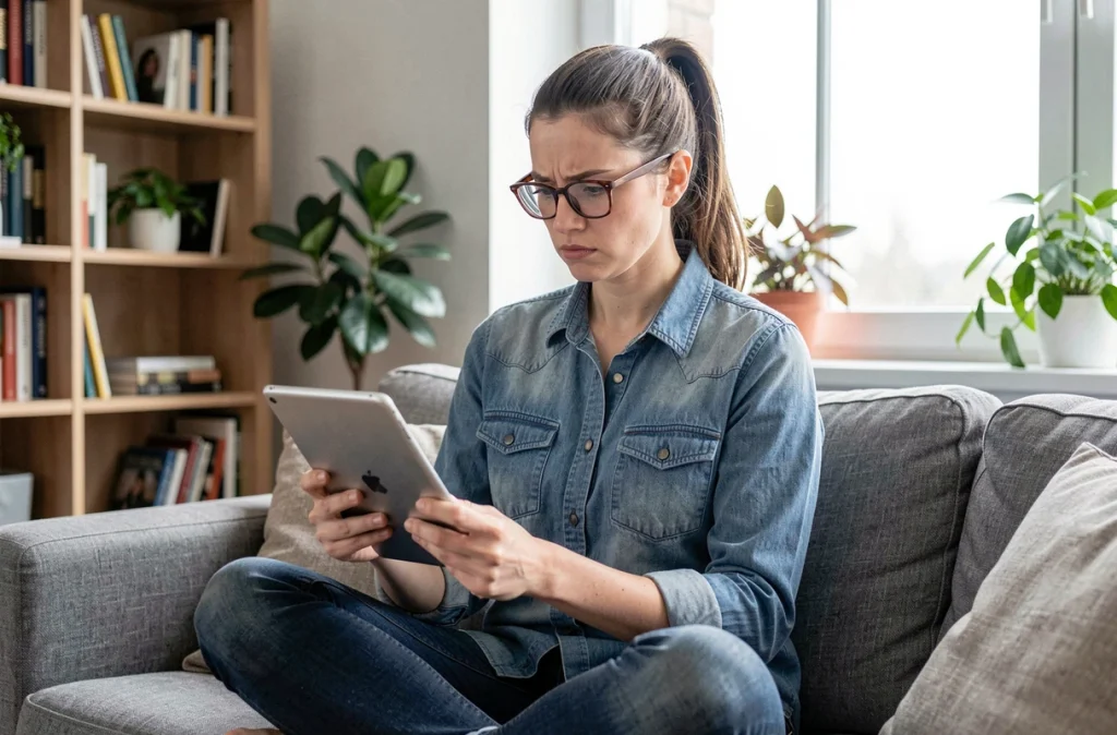 Femme avec une tablette lisant un article sur les changements d'adresse d'un site de téléchargement avec une expression dubitative