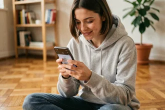 Jeune femme utilisant l'application Rabbit Findr sur smartphone dans un appartement moderne et chaleureux