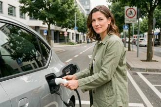 Femme branchant une voiture électrique dans un parking urbain, illustration de l'assurance auto verte