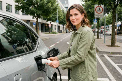 Femme branchant une voiture électrique dans un parking urbain, illustration de l'assurance auto verte