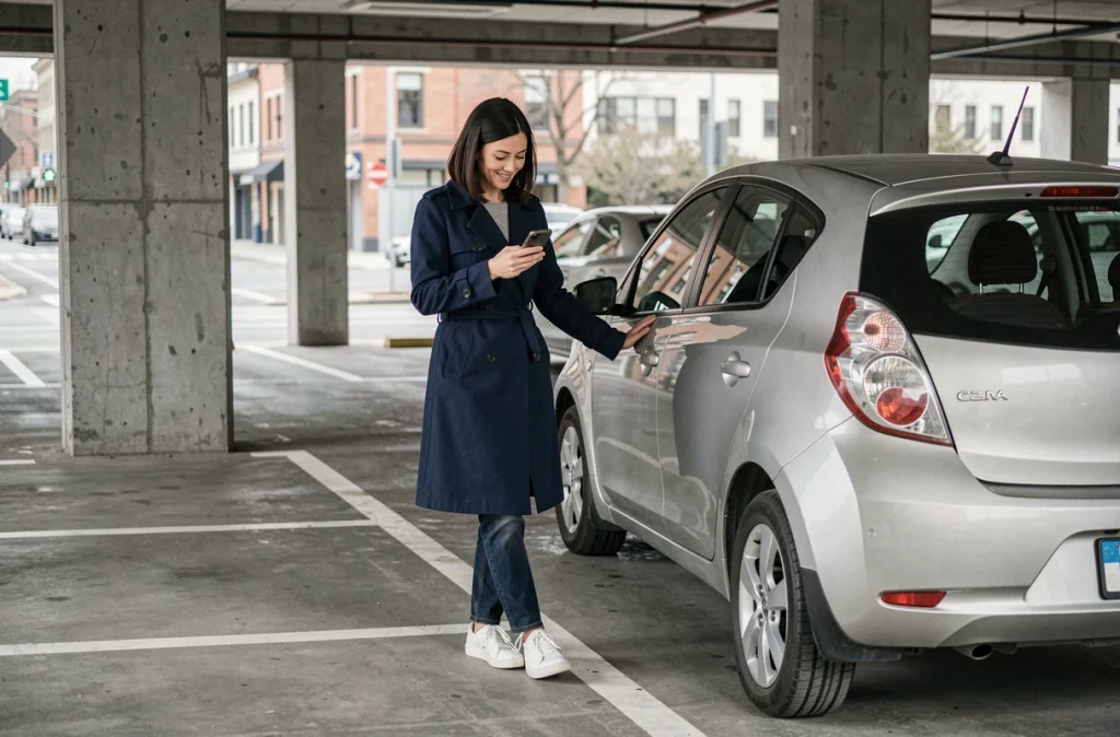 Femme utilisant son smartphone à côté d'une voiture électrique en location longue durée dans un parking urbain