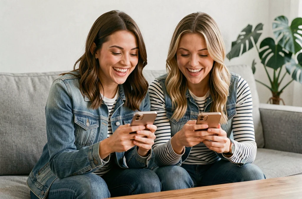 Deux femmes jouant à la belote sur smartphone côte à côte dans un salon moderne