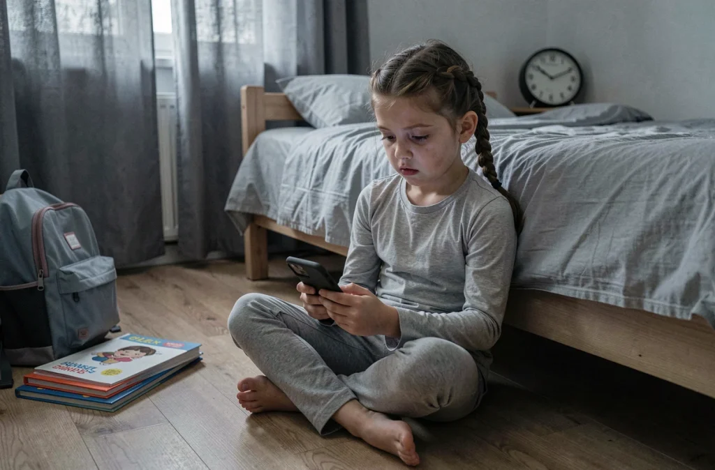 Jeune fille fatiguée assise par terre dans sa chambre le soir, regardant son smartphone avec des cernes visibles, symbolisant les troubles du sommeil liés aux écrans chez les enfants