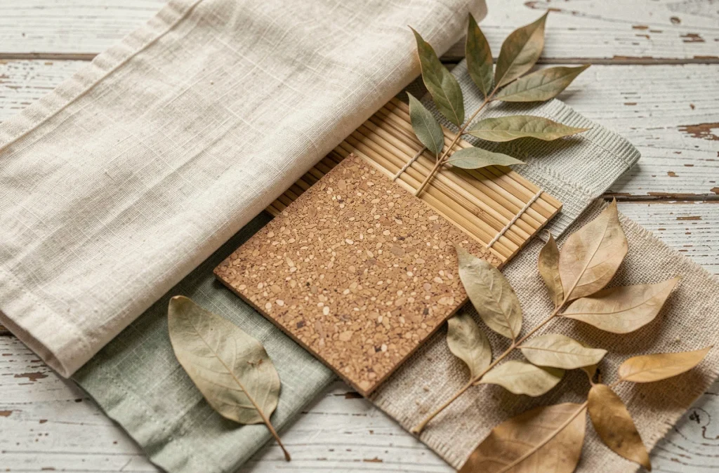 Flat-lay de matières naturelles brutes — lin, coton non blanchi, liège et bambou — sur une table en chêne pour un studio de design durable