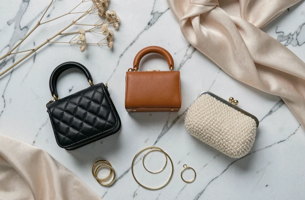 Flat-lay de trois sacs miniatures tendance sur marbre blanc avec accessoires dorés et foulard en soie