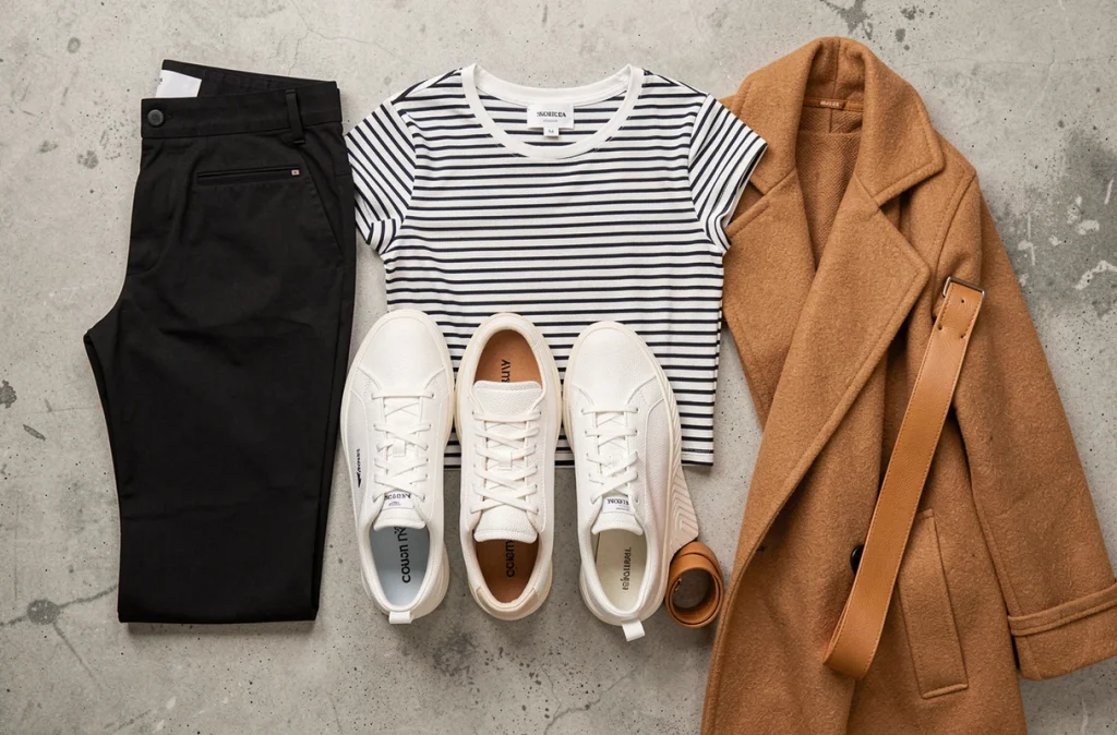 Flat-lay éditorial de trois paires de sneakers blanches disposées avec des pièces vestimentaires incontournables sur béton gris