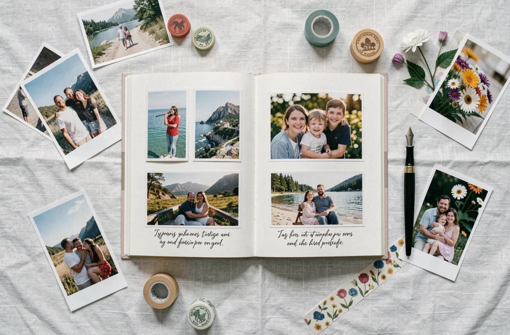 Vue de dessus d'un album photo artisanal ouvert entouré de photos imprimées, fleurs séchées et matériaux de décoration sur lin blanc