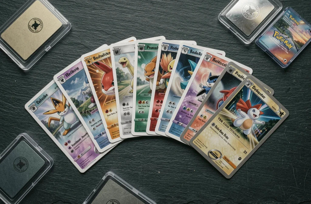 Vue de dessus de plusieurs cartes Pokémon rares en éventail sur surface ardoise avec protège-cartes et étuis acryliques