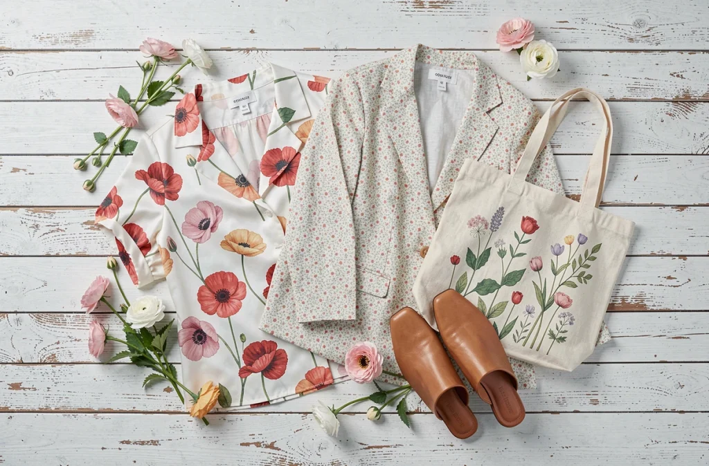 Flatlay éditorial de vêtements à imprimés floraux printaniers sur fond de bois blanchi