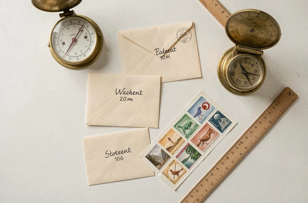 Vue aérienne d'enveloppes de différents formats annotées avec leur poids en grammes à côté d'une balance postale en laiton et de timbres français