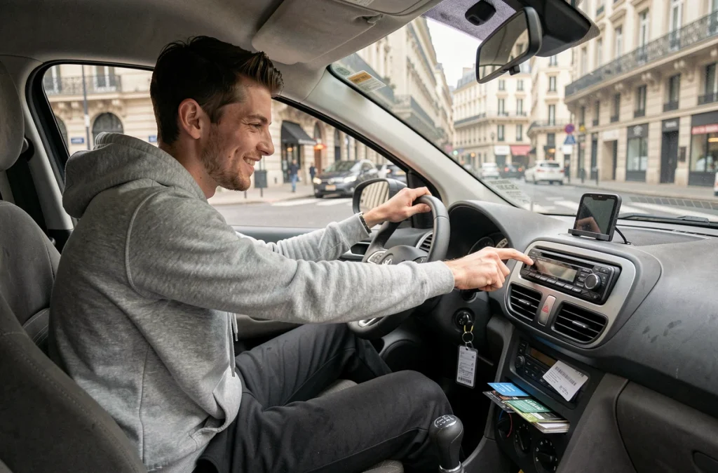 Homme cherchant la fréquence de Skyrock sur l'autoradio dans une rue de Lyon