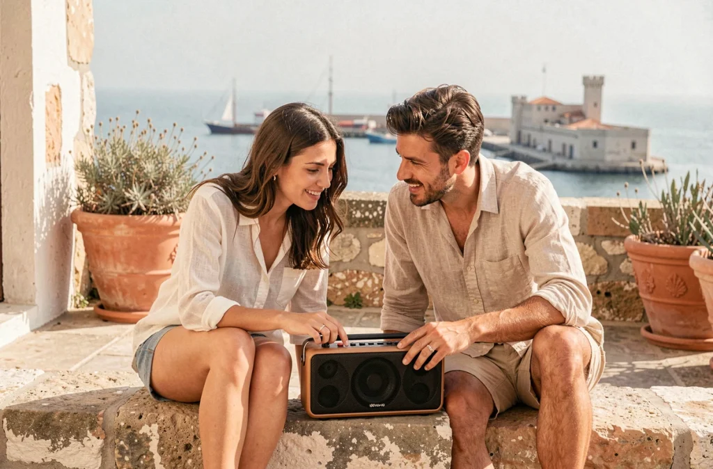 Deux amis écoutant Skyrock sur une terrasse avec vue sur le Vieux-Port de Marseille