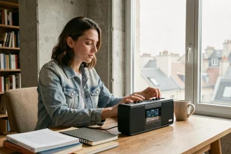 Jeune femme écoutant la radio FM Skyrock dans un appartement parisien moderne