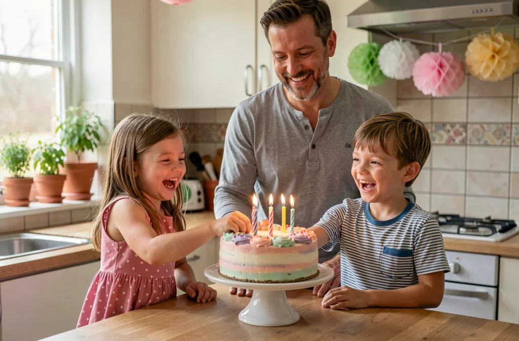 Père et enfants joyeux autour d'un gâteau d'anniversaire fait maison dans une cuisine familiale décontractée