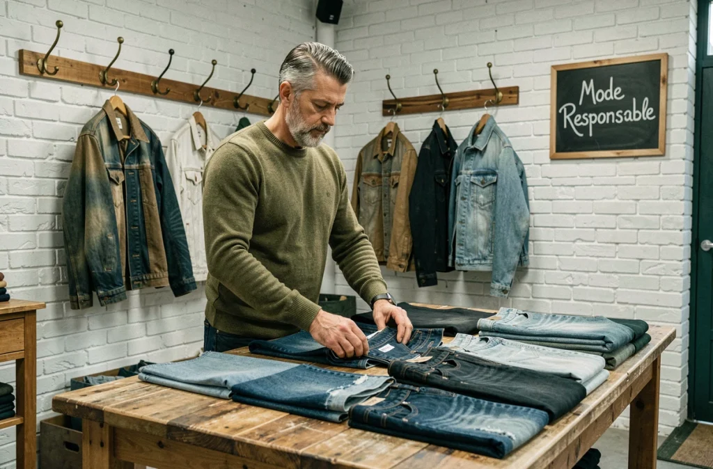 Gérant d'une boutique de mode responsable arrangeant des vêtements en denim biologique sur une table en bois recyclé